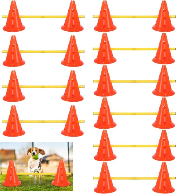 Glimin 10 Sets Dog Agility Hurdle Cone Set 20 Pcs Exercise Cones with 10 Pcs Agility Rods Adjustable Agility Cones Canine Agility Poles Portable Agility Training Equipment for Dogs