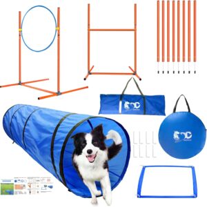 GeerDuo Dog Agility Training Equipment, Obstacle Agility Training Starter Kit for Doggie, Including Tunnel, 27 Weave Poles, Adjustable Hurdle, Jump Ring, Pause Box and Carrying Bag(Blue,L)