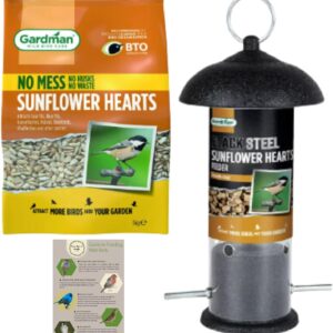 Sunflower Hearts Bird Seed Feeder Set - 1x Sunflower Hearts No Mess Bird Seed 1kg, Black Steel Sunflower Feeder, 1x CHG Guide - High Energy for Small Wild Birds