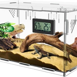 Giznzg Reptile Tank, Reptile Terrariums, Insect Feeding Box, 360° Acrylic Terrarium with Digital Thermometer Hygrometer, Reptile Breeding Box for Spider/Snail/Frog/Lizard/Turtle (30 * 20 * 15cm)