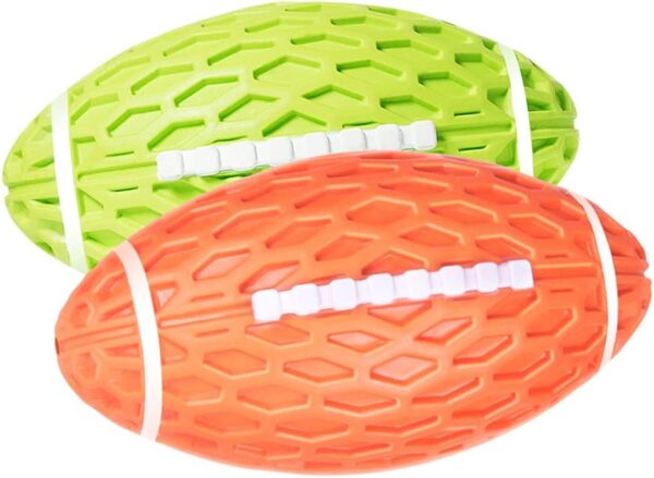 AUSCAT 2Pcs Chew Squeaky Toy Balls, Indestructible Dog Ball for Small Dogs, Rugby Shape Rubber Chew Ball with Squeaker, Interactive Dog Ball for Outdoor Play, Green and Orange