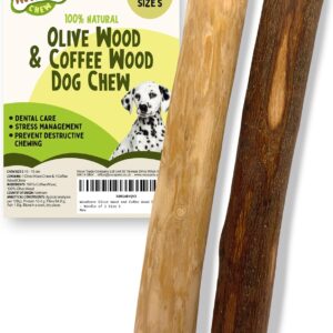 Woodbone Olive Wood and Coffee Wood Dog Chew Stick for Small Dogs - Natural Dental Chewing Toy - Bundle of 2 Size S