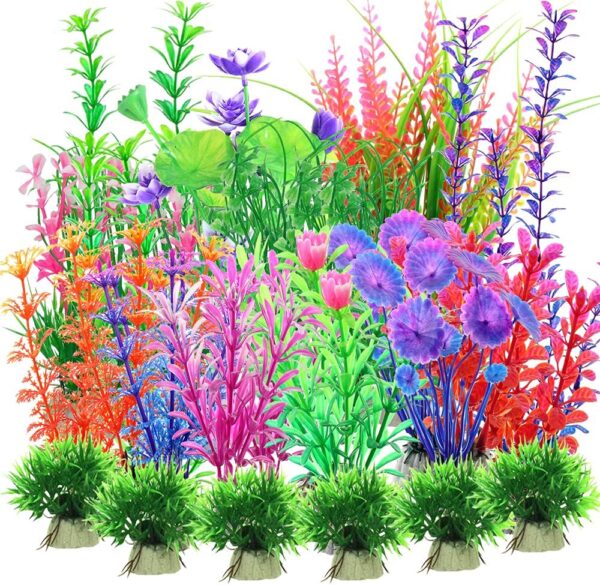 Kingrun 30PCS Aquarium Fish Tank Plastic Plants, Vivid Underwater Plants Decorations Artificial Water Plants Aquarium Plant Landscape Safe for All Fish - Assorted Color