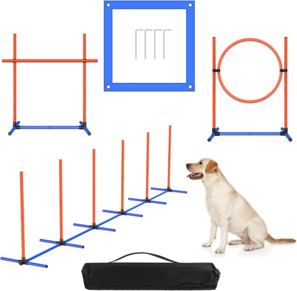 AHAILUOO 4 Sets Pets Agility Training Equipment, Adjustable Dog Hoop, Dog Jump, Weave Poles and Pause Box，with Independent Packaging(4 Sets)