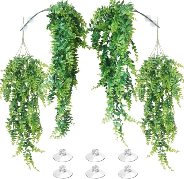 Allazone 4 PCS Reptile Plants Hanging Fake Vines, Artificial Leaves Climbing Terrarium Plant with Suction Cup for Bearded Dragons Pets Hermit Crab and Tank Habitat Decorations