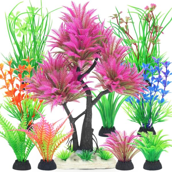 Borlech Aquarium Plants Decorations, Fish Tank Artificial Plastic Tree Plant Decoration Set 10 Pieces (Rose Red)