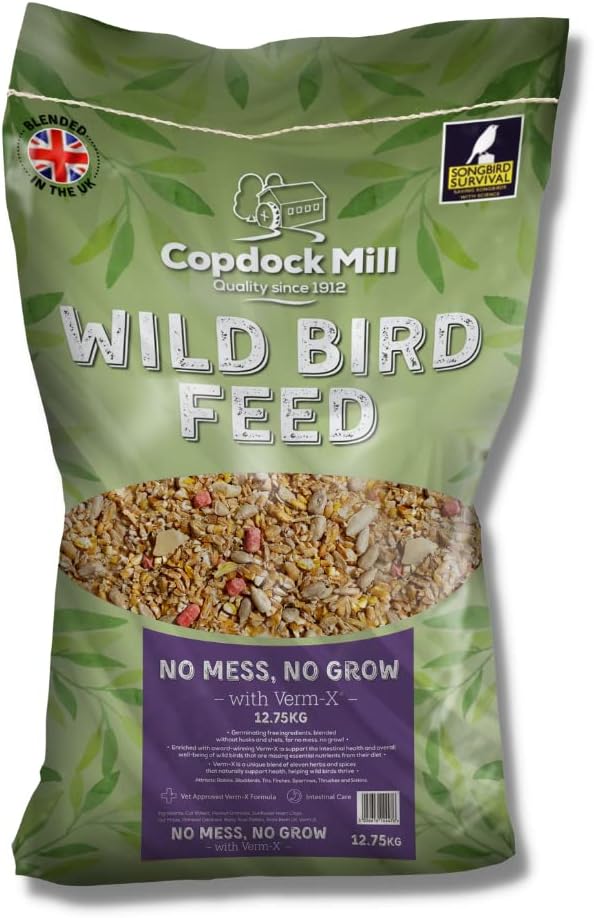 Copdock Mill No Grow, No Mess Wild Bird Seed with Verm-X 12.75kg – No Grow Bird Seed with Added Natural Supplements for Healthy Wild Birds – Includes Peanuts, Sunflowers, Wheat, Maize and Verm-X