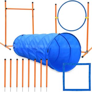 Dog Agility Equipment Set for Pet Training Fun 1.8m Tunnel, Adjustable Hurdles, Jump Hoop, 8 PCS Weave Poles Indoor Outdoor Obstacle