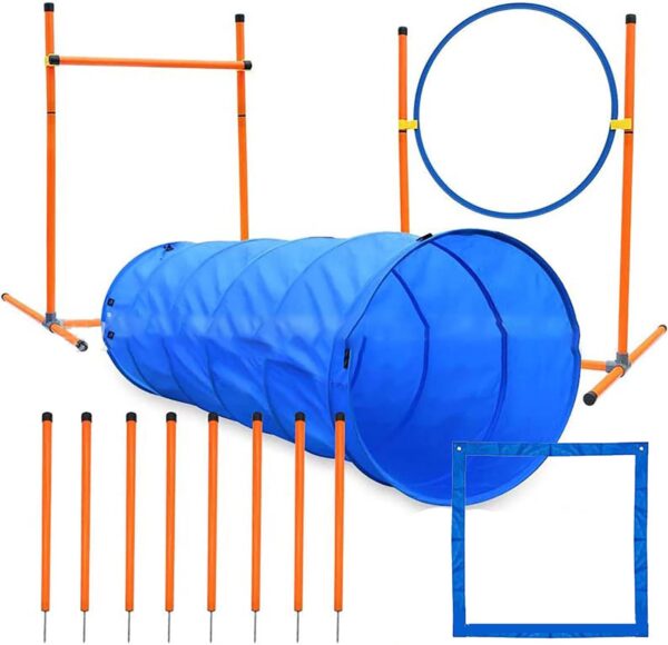 Dog Agility Equipment Set for Pet Training Fun 1.8m Tunnel, Adjustable Hurdles, Jump Hoop, 8 PCS Weave Poles Indoor Outdoor Obstacle