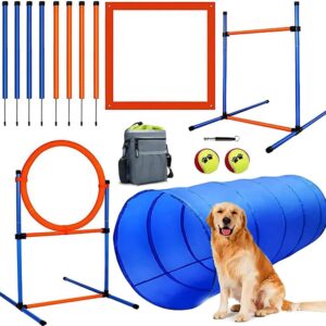 Dog Agility Training Equipment, 56 Piece Dog Obstacle Kit with Agility Tunnel, 5 Weave Poles, Adjustable Agility Hurdle, Jumping Rings, Pause Box, Whistle, Pet Tennis Ball Toy and Carrying Case