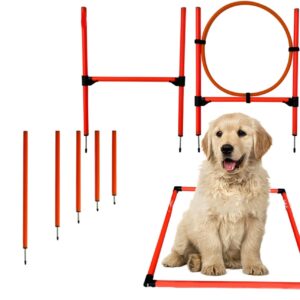 Dog Agility Training Set Pet Play Run Jump Obstacle with Carrying Case Jumping Circle for Outdoor Games Exercise (Pole + Hoop + Hurdle)