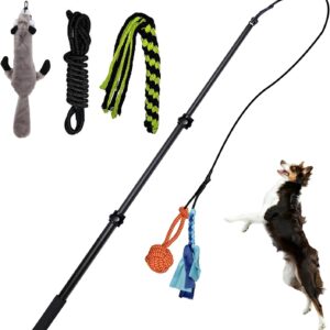 FelRelWel Flirt Pole for Dogs,Collapsible Extendable Dog Teaser Wand with Plush Squeaky Toy、Chase Rope, Ball Toy, Agility Training Equipment for Small Medium Large Dogs,Dog Playing Exercise Tools