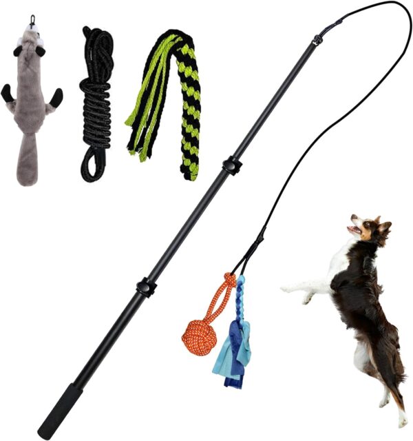 FelRelWel Flirt Pole for Dogs,Collapsible Extendable Dog Teaser Wand with Plush Squeaky Toy、Chase Rope, Ball Toy, Agility Training Equipment for Small Medium Large Dogs,Dog Playing Exercise Tools