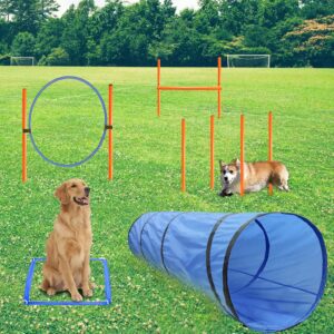 GeerDuo Dog Agility Training Equipment, Obstacle Agility Training Starter Kit for Doggie, Pet Outdoor Games Including Tunnel, 8 Weave Poles, Adjustable Hurdle, Jump Ring, Pause Box(Blue)