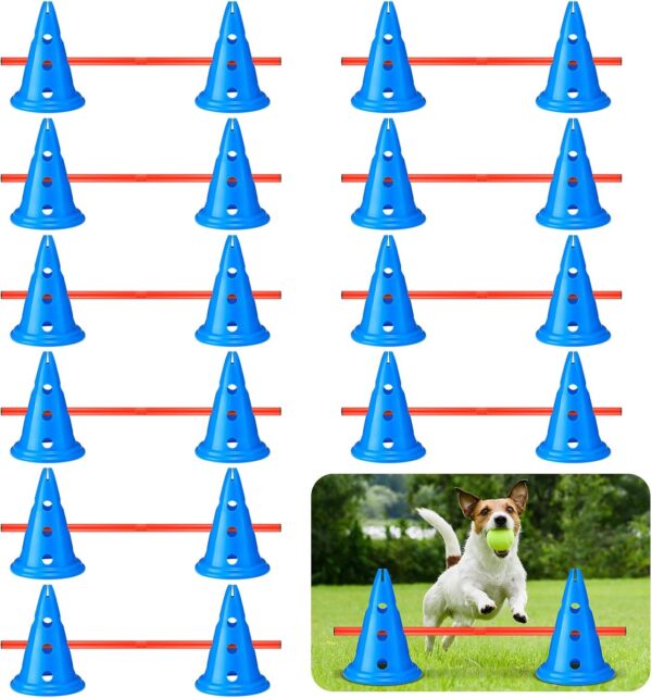 Glimin 10 Sets Dog Agility Hurdle Cone Set 20 Pcs Exercise Cones with 10 Pcs Agility Rods Adjustable Agility Obstacle Training Portable Agility Training Equipment Cones Canine Agility Poles (Blue)