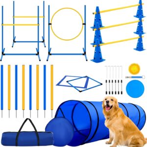 Glimin 22 Pcs Agility Training Equipment for Dogs Includes Dog Tunnel, Dog Obstacle Course Backyard Set, Dog Agility Jumps, Flying Disc, Dog Squeak Ball Toy and Dog Agility Hurdle Cone Set with Bags