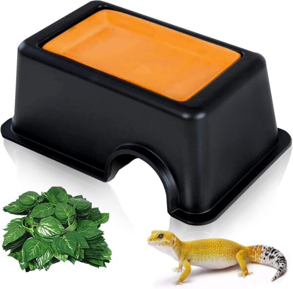 Hamiledyi Reptile Hide Box Gecko Hideout Cave with Sink Humidifier Lizards Hideaway Hut Flexible Leaves Pet Habitat Decor for Snakes Leopard Spiders Turtles Amphibians