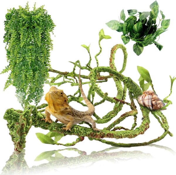 Hamiledyi Reptile Plants Bendable Jungle Climbing Vine Terrarium Branch Flexible Plastic Leaves Hanging Pet Habitat Decoration for Bearded Dragon Lizard Frog Snake Tank Accessories Decor