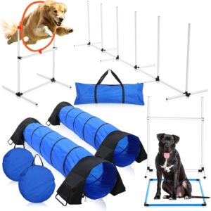 Hollowfly 10 Pack Dog Agility Training Equipment for Dog Agility Course with Adjustable Height Jump Bars Tire Jump Agility Poles Pause Area 10 Ft Tunnel with Sandbags Included Carry Bag White