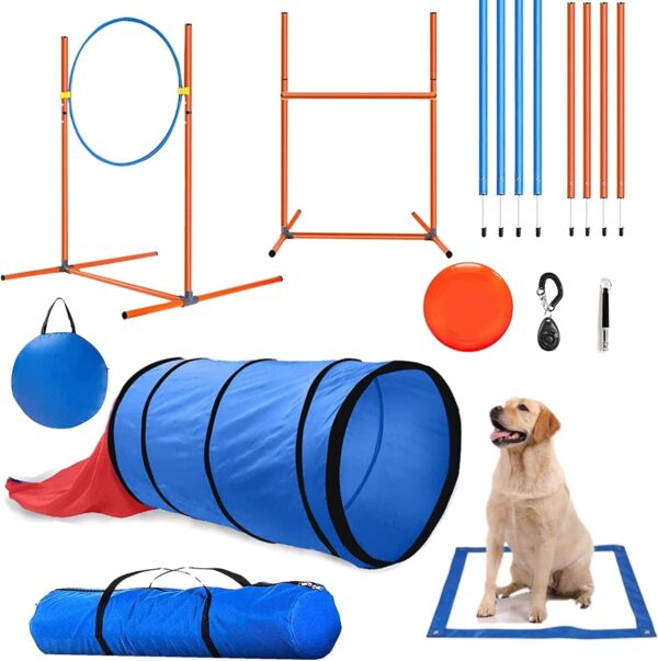 Kvittra Dog Agility Equipment, Pet Puppy Agility Training Starter Kit Obstacle Courses Outdoor Games Including Dog Tunnel, High Jumps, Jumping Ring, Square Pause Box