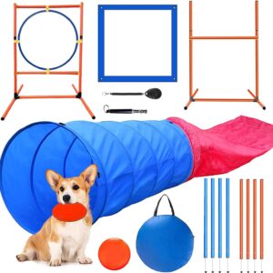 Kvittra Dog Agility Training Equipment Set, Dog Agility Course Backyard Set Dog Obstacle Course Play Kit with 2 Dog Jump, Hurdle, Blind and Standard Tunnel and Weave Poles for Indoor Outdoor Games