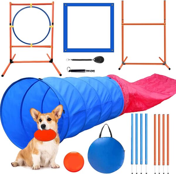 Kvittra Dog Agility Training Equipment Set, Dog Agility Course Backyard Set Dog Obstacle Course Play Kit with 2 Dog Jump, Hurdle, Blind and Standard Tunnel and Weave Poles for Indoor Outdoor Games