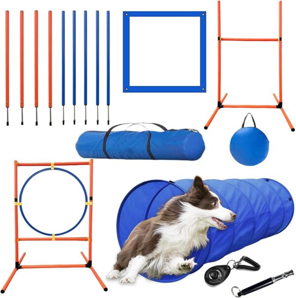 Kvittra Dog Agility Training Equipment Set, Dog Jump Training Obstacle Course Starter Kit Pet Agility Outdoor Games Dog Outdoor Games with Tunnel, Weave Poles, Adjustable Hurdle, Jump Ring