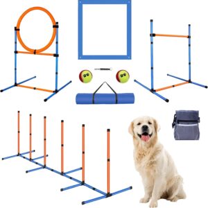 MKSY Dog Agility Equipment Set, Obstacle Courses Training Starter Kit Includes Adjustable High Jump Hurdle, Hoop, Weave Poles, Pause Box, Treat Pouch with Easy Carry Bag