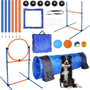 Premium Dog Agility Training Equipment Set Outdoor Indoor, Tire Jump + Hurdle Jump, Tunnel, Weave Poles w/Stand, Pause Box, 2 Toy Balls, 2 Flying Discs, 1 Whistle, Carry Bag, Dog Obstacle Course Kit