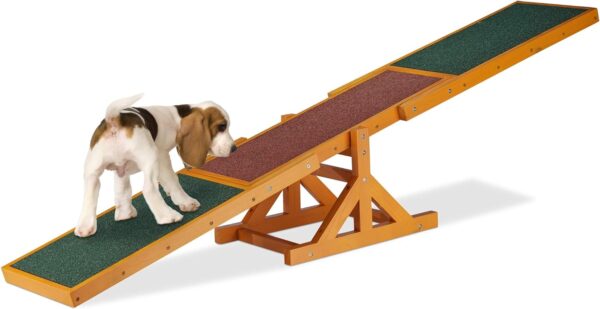 Relaxdays Colourful Wooden Pet Seesaw for Big and Small Dogs, Equipment for Agility and Obedience Training, 54 x 180 x 30 cm, Brown