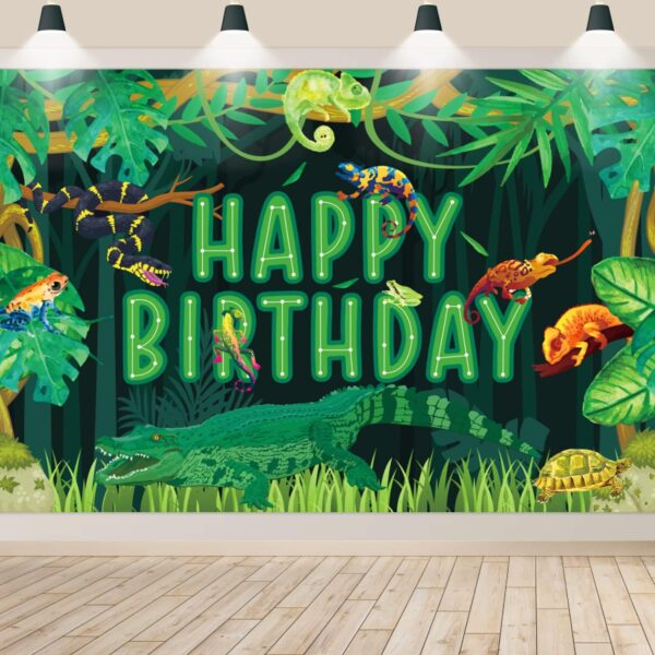 Reptile Birthday Backdrop, Reptiles Snakes Lizard Alligator Turtle Happy Birthday Backdrop for Kids Boys Birthday Party Decorations, Jungle Swamp Wilderness Birthday Party Supplies, 180x120cm