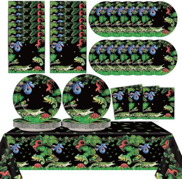 Reptile Snake Birthday Party Supplies Favors Serves 24 Lizard Party Paper Plates Napkins Set Jungle Swamp Snake Tablecloth Tableware Kit for Baby Shower Decorations Kids Boys Girls