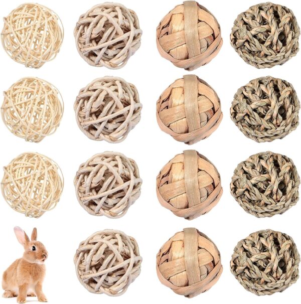 Skylety 15 Pieces Small Animal Chew Ball Toy Rolling Activity Play Balls Bunny Treat Ball Grass Ball Pet Cage Accessories for Rabbits Guinea Pigs Chinchilla Teeth Grinding Gnawing Biting