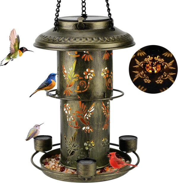 Solar Bird Feeders for Outside Wild Bird Feeders with 3 Water Cups and Food Tray, Metal Bird Feeders for Outdoor Hanging in The Trees&Hooks, Solar Lantern Decorations for Garden, Patio(Green)