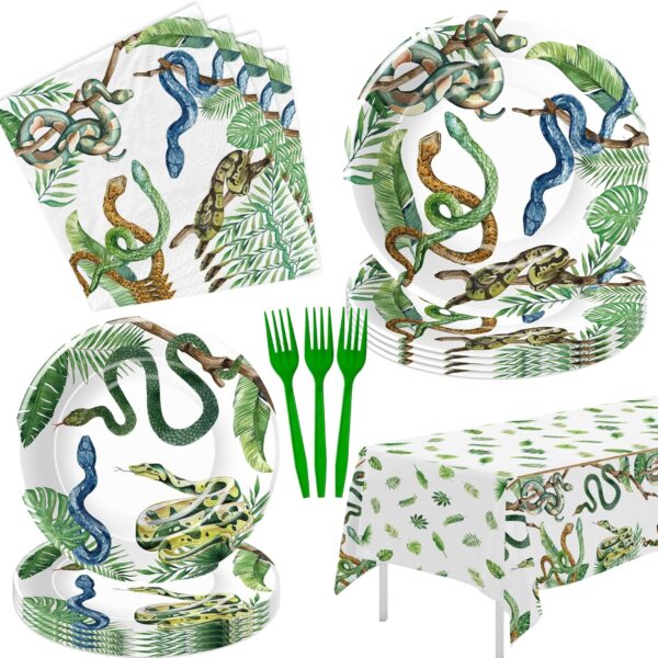 Xenorik Reptile Snake Plates And Napkins Party Decorations - Snake Birthday Party Supplies, Paper Plate, Napkin, Fork, Tablecloth, Jungle Swamp Camping Wilderness Snake Party Tableware | Serve 24