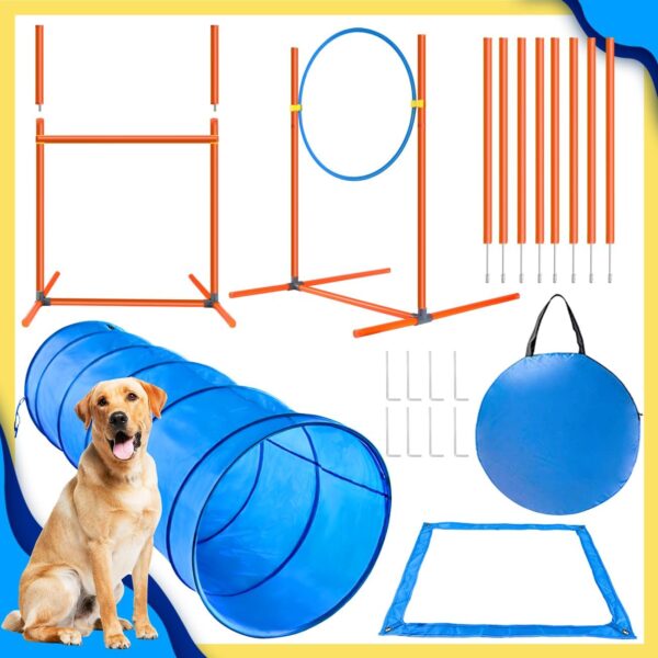 XiaZ Dog Agility Course Equipments, Obstacle Agility Training Starter Kit for Doggie, Pet Outdoor Games - Dog Tunnels, 8 Piece Weave Poles, Jumping Ring, High Jumps, Pause Box