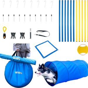 Yiotl Dog Agility Equipment Hoop Jump Set, 30 Pcs Outdoor Dog Obstacle Training Course Kit, Including Frisbee, Pause Box, 2 Tunnel, Adjustable Hurdles, 8 Weave Poles, Whistle, Carrying Bag