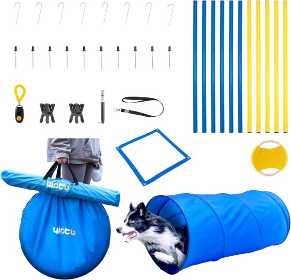 Yiotl Dog Agility Equipment Hoop Jump Set, 30 Pcs Outdoor Dog Obstacle Training Course Kit, Including Frisbee, Pause Box, 2 Tunnel, Adjustable Hurdles, 8 Weave Poles, Whistle, Carrying Bag