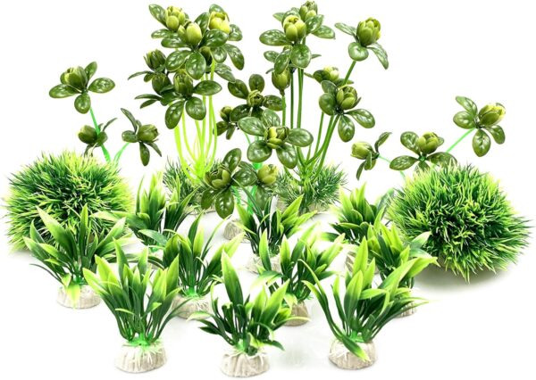 BEGONDIS Artificial Green Water Plants Flower Set 18 Pcs, Fish Tank Aquarium Decorations, Made of Soft Plastic