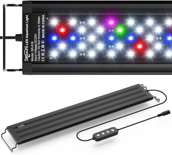 SEAOURA Led Aquarium Light for Plants-Full Spectrum Fish Tank Light with Timer Auto On/Off, Adjustable Brightness, White Blue Red Green Pink LEDs with Extendable Brackets for Freshwater (46-60cm)