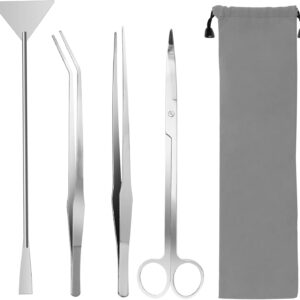 Aquarium Aquascape Tools Kit, 4 in 1 Anti-Rust Aquatic Plant Aquascaping Tool Stainless Steel Black Tweezers Scissors Spatula for Aquarium Tank Clean Fish Tank Aquascape Tools Sets (Silver)