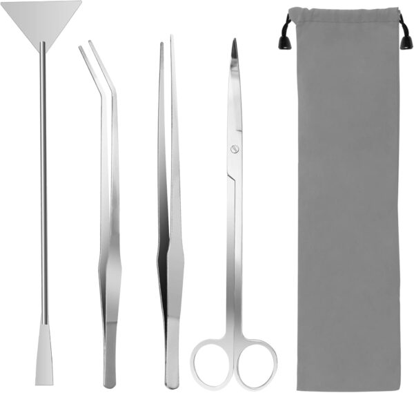 Aquarium Aquascape Tools Kit, 4 in 1 Anti-Rust Aquatic Plant Aquascaping Tool Stainless Steel Black Tweezers Scissors Spatula for Aquarium Tank Clean Fish Tank Aquascape Tools Sets (Silver)