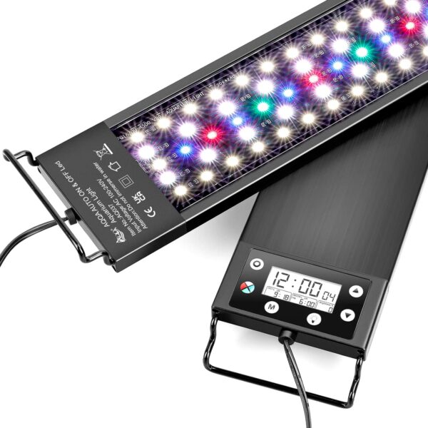 AQQA Aquarium Light, Auto On Off LED Fish Tank Light with Dimmer-Timer,24W Full Spectrum Aquariums Plant Light with LCD Monitor, 24/7 Lighting Cycle,7 Colors, Waterproof Fish Lamp