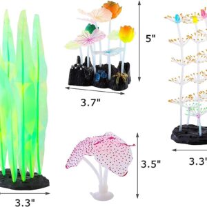 Podazz Glowing Fish Tank Decorations, 4 pcs Glow Aquarium Plants Artificial Coral Ornament Lotus Green Kelp and Anemone Glowing in Dark Decortation Set for Aquarium