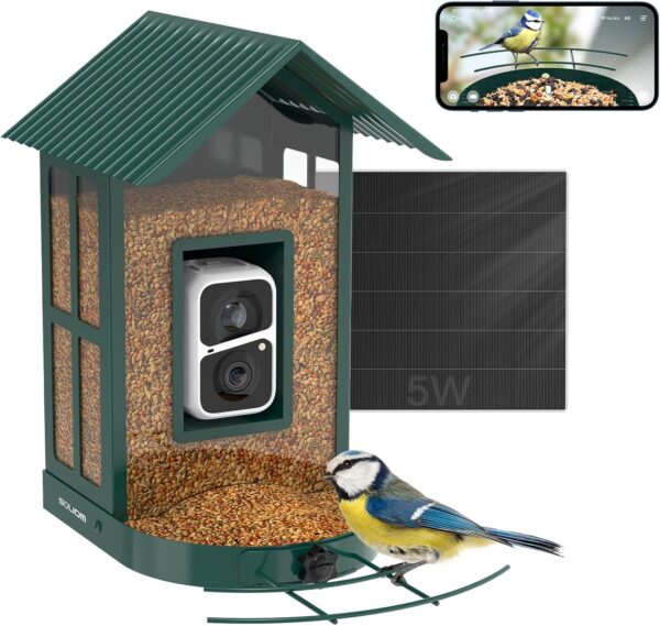 SOLIOM BF08- Smart Bird Feeder Camera with AI Identify Bird Species, Wild Bird Watching Cam, Live View, Instant Notifications, 5W Solar Panel -Metal Case