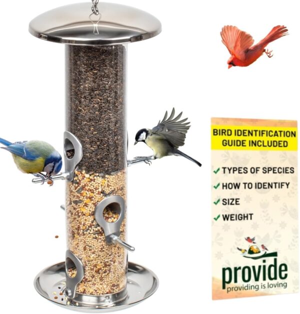 PROVIDE Large Stainless Steel bird feeder With Tray, garden Bird Seed Feeder, bird feeders for small birds, metal wild Bird Feeders. Hanging Bird Feeder for seeds, bird feeders for Wild bird