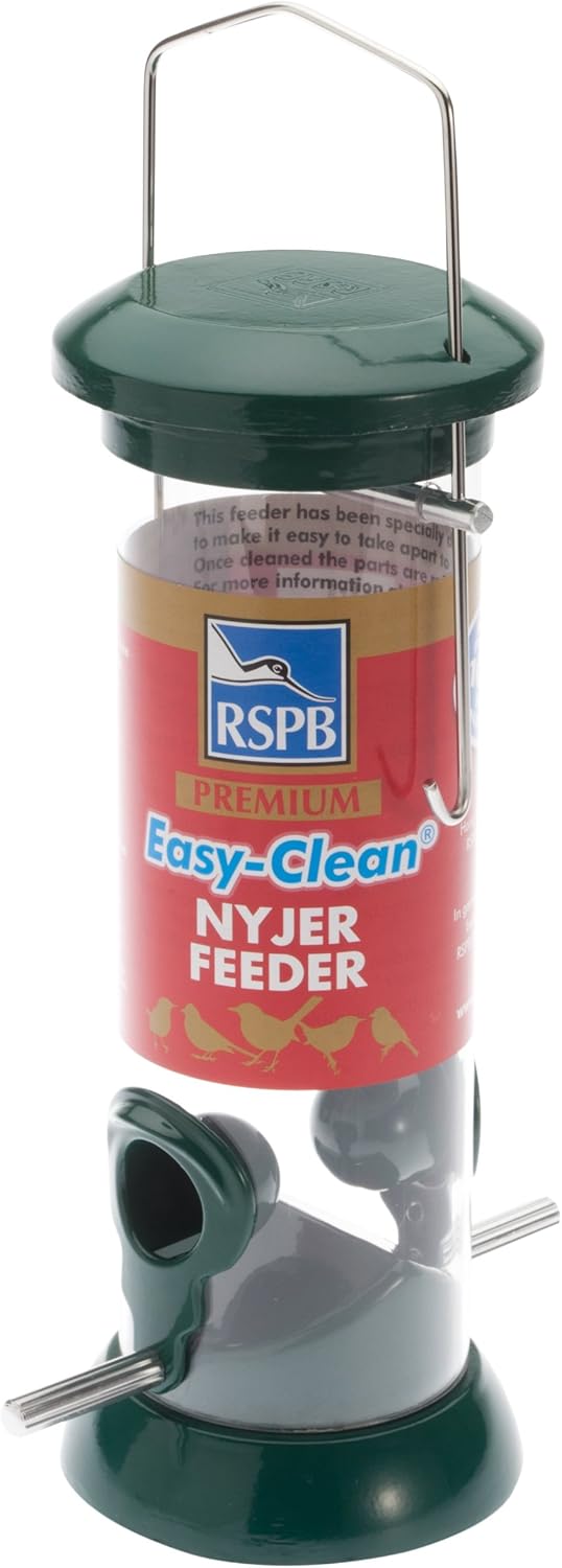 RSPB 68483197 Premium Hanging Nyjer Seed Feeder, Easy Clean, Aluminium, bird seed niger feeder. supporting charity. Wild bird, for use in gardens & outdoors pouches,Green, 9-inch