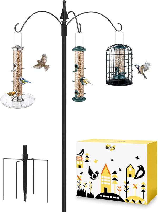 iBorn Bird Feeders Hanging Station 76Inch Wild Bird Feeding Station Pole Stand Outdoors Shepherds Hooks, 3 Hooks,3/4Inch Pole (Bird Feeders NOT Included)