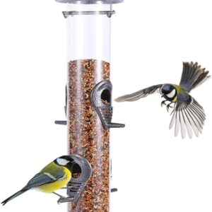 Urban Deco Metal Bird Feeder Tube Hanging Feeders Wild Bird Seed Feeder Metal 6 Port Bird Feeders with Steel Hanger Weatherproof and Water Resistant Great for Attracting Birds (Gray)