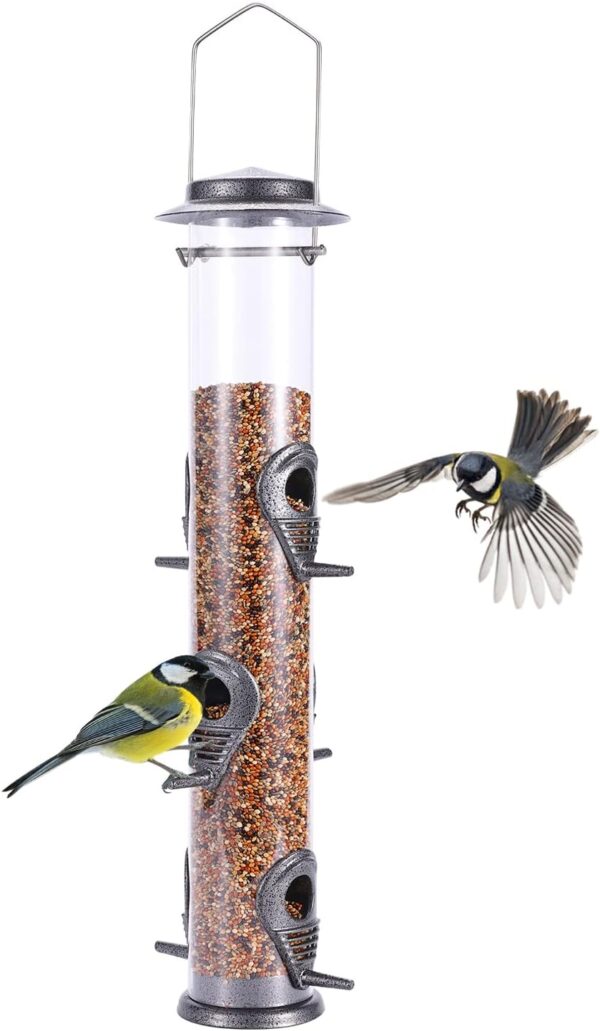 Urban Deco Metal Bird Feeder Tube Hanging Feeders Wild Bird Seed Feeder Metal 6 Port Bird Feeders with Steel Hanger Weatherproof and Water Resistant Great for Attracting Birds (Gray)